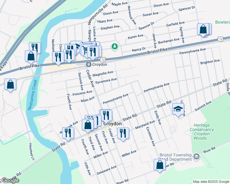 map of restaurants, bars, coffee shops, grocery stores, and more near 1008 Main Avenue in Croydon