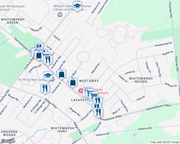 map of restaurants, bars, coffee shops, grocery stores, and more near 4028 Macniff Drive in Lafayette Hill