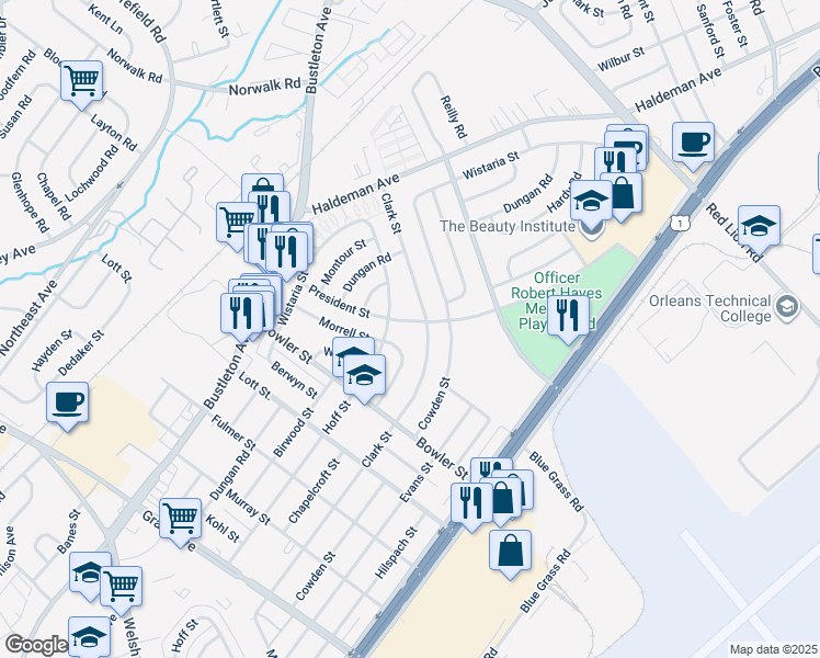 map of restaurants, bars, coffee shops, grocery stores, and more near 2012 President Street in Philadelphia
