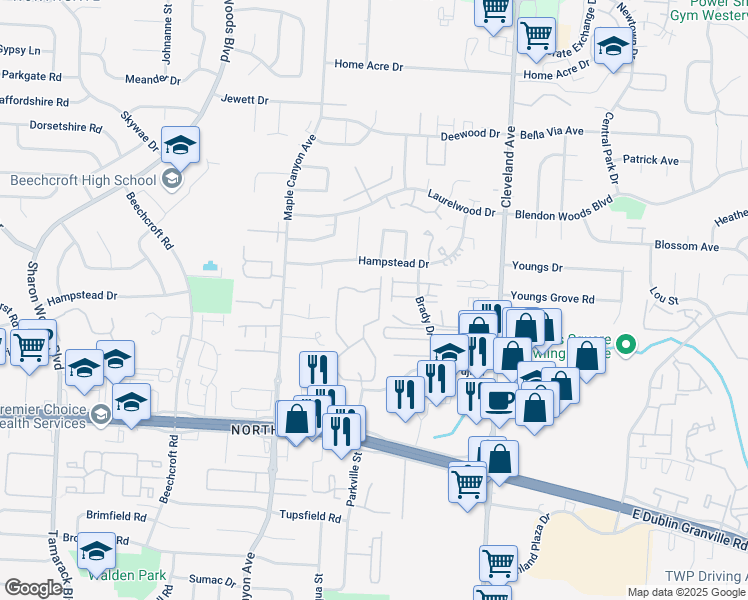map of restaurants, bars, coffee shops, grocery stores, and more near 5991 Spring Run Drive in Columbus