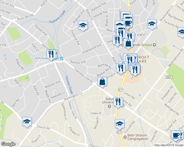 map of restaurants, bars, coffee shops, grocery stores, and more near 217 Mather Road in Jenkintown