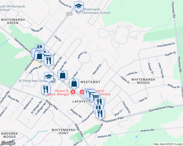 map of restaurants, bars, coffee shops, grocery stores, and more near 4028 Macniff Drive in Lafayette Hill