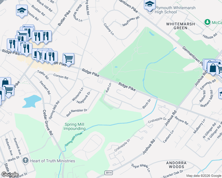 map of restaurants, bars, coffee shops, grocery stores, and more near 2132 Ash Lane in Lafayette Hill
