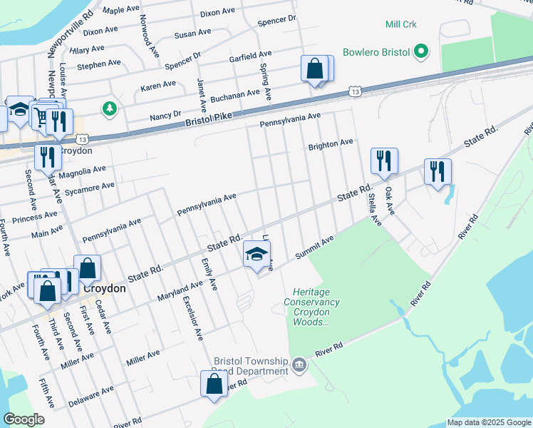 map of restaurants, bars, coffee shops, grocery stores, and more near 707 Linton Avenue in Croydon