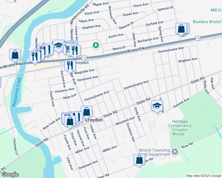 map of restaurants, bars, coffee shops, grocery stores, and more near 1213 Pennsylvania Avenue in Croydon
