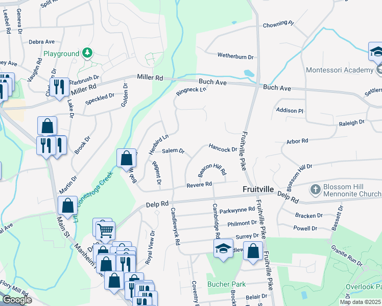 map of restaurants, bars, coffee shops, grocery stores, and more near 470 Salem Drive in Lancaster