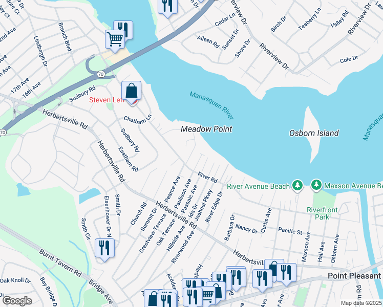 map of restaurants, bars, coffee shops, grocery stores, and more near 113 Meadow Point Road in Point Pleasant