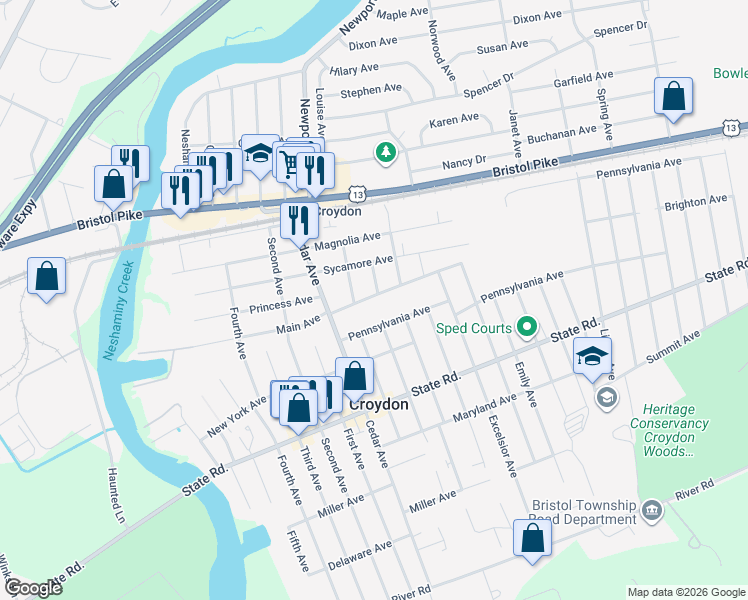 map of restaurants, bars, coffee shops, grocery stores, and more near 916 Main Avenue in Croydon