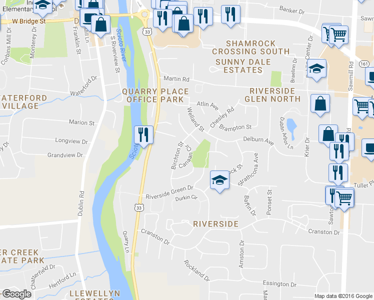 map of restaurants, bars, coffee shops, grocery stores, and more near 6660 Birchton Street in Dublin