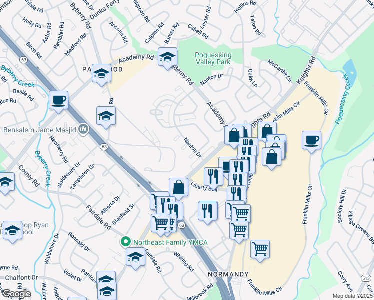 map of restaurants, bars, coffee shops, grocery stores, and more near 3622 Nanton Place in Philadelphia