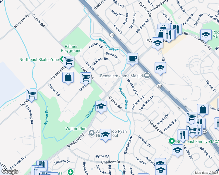 map of restaurants, bars, coffee shops, grocery stores, and more near 11716 Academy Road in Philadelphia