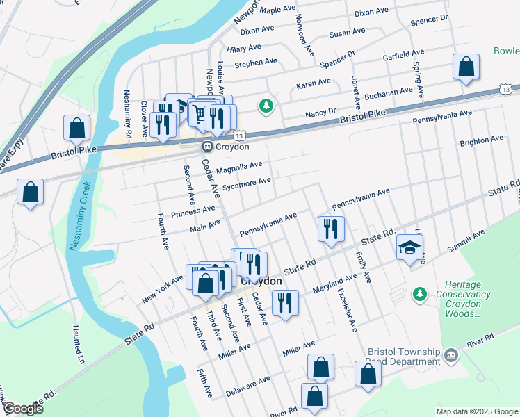 map of restaurants, bars, coffee shops, grocery stores, and more near 1000 Main Avenue in Croydon