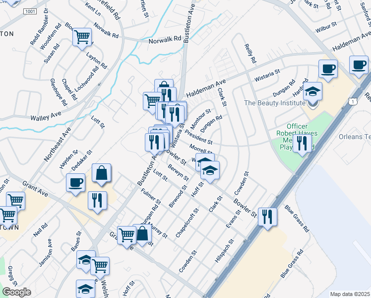 map of restaurants, bars, coffee shops, grocery stores, and more near 1916 Morrell Street in Philadelphia