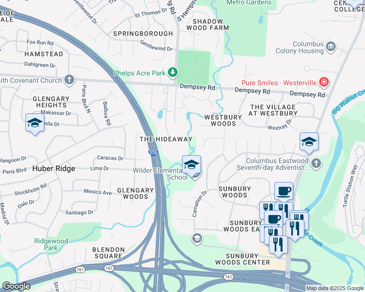 map of restaurants, bars, coffee shops, grocery stores, and more near 1453 Hideaway Woods Drive in Westerville
