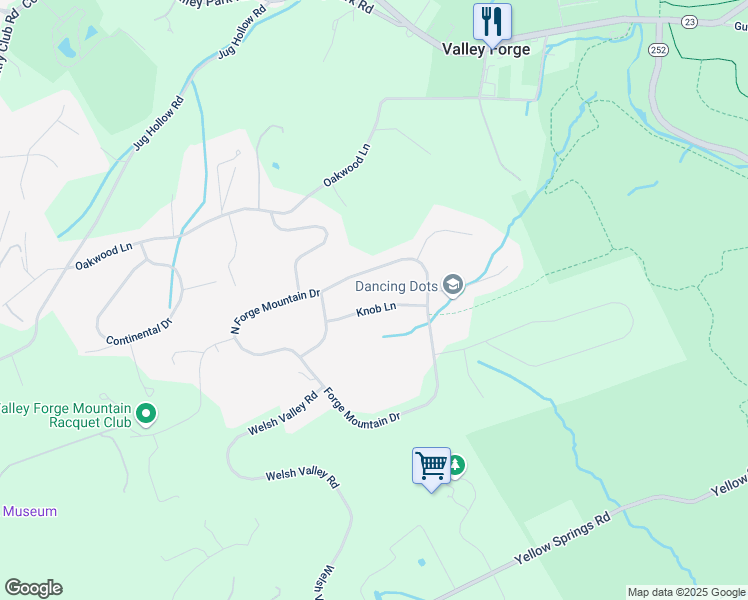 map of restaurants, bars, coffee shops, grocery stores, and more near 1711 Knob Lane in Valley Forge
