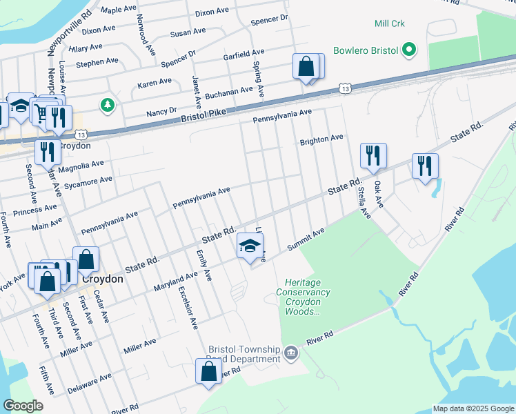 map of restaurants, bars, coffee shops, grocery stores, and more near 707 Linton Avenue in Croydon