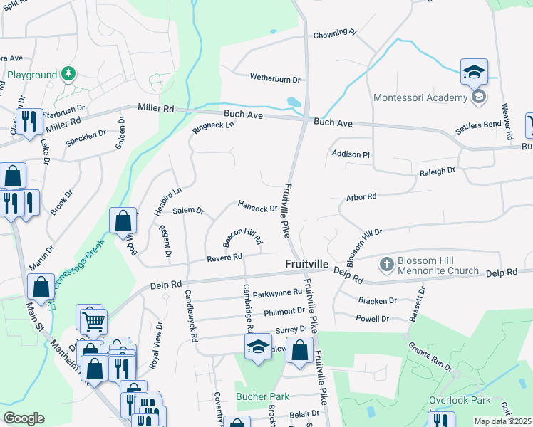 map of restaurants, bars, coffee shops, grocery stores, and more near 2378 Hancock Drive in Lancaster