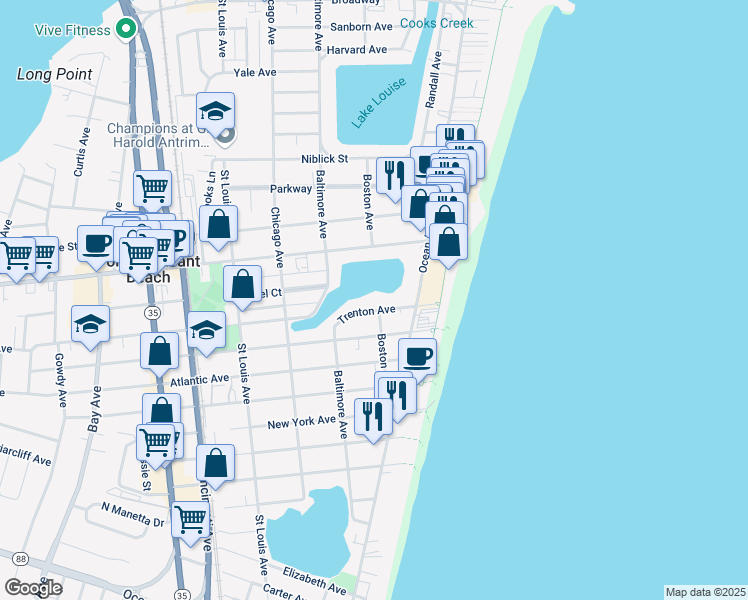 map of restaurants, bars, coffee shops, grocery stores, and more near 101 Trenton Avenue in Point Pleasant Beach