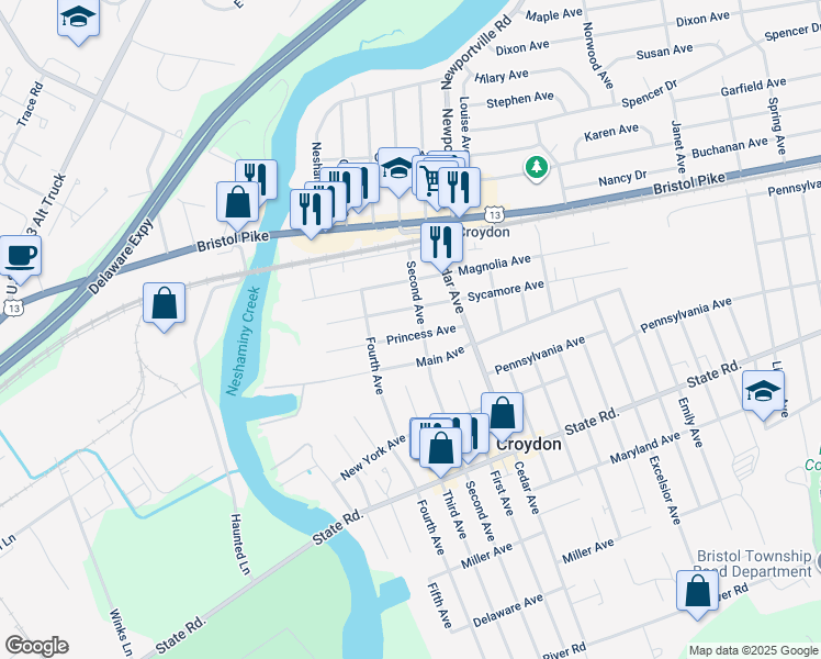 map of restaurants, bars, coffee shops, grocery stores, and more near 535 Princess Avenue in Croydon
