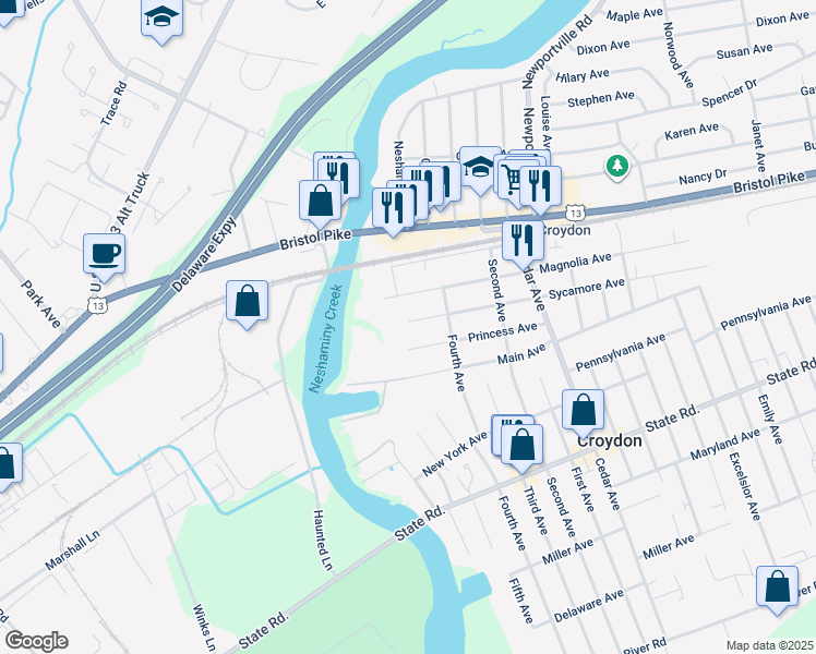 map of restaurants, bars, coffee shops, grocery stores, and more near 418 Sycamore Avenue in Croydon