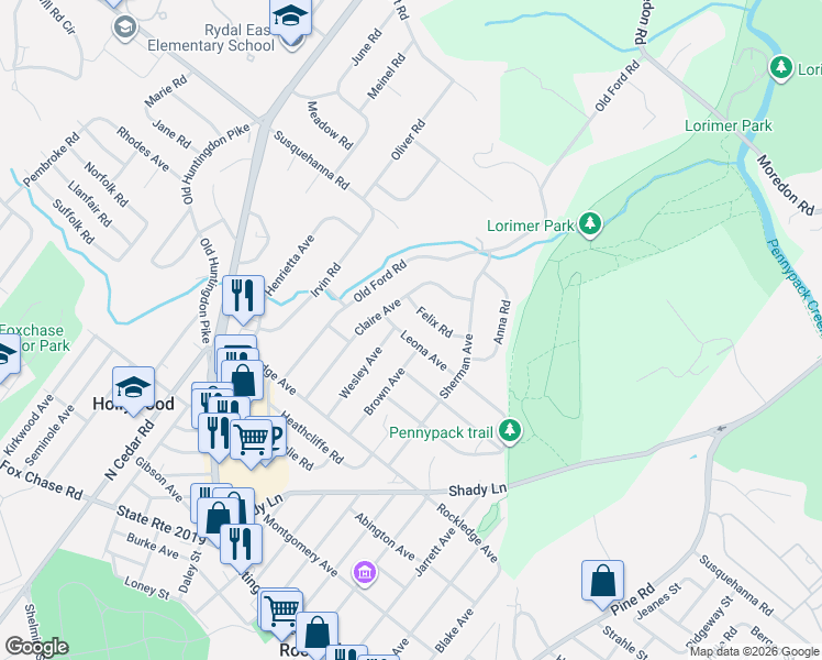 map of restaurants, bars, coffee shops, grocery stores, and more near 345 Leona Avenue in Montgomery County