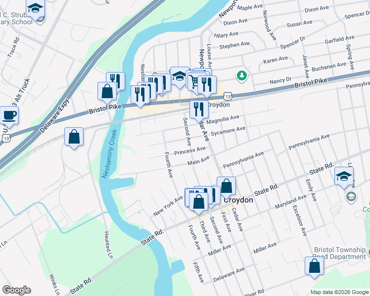 map of restaurants, bars, coffee shops, grocery stores, and more near 528 Princess Avenue in Croydon