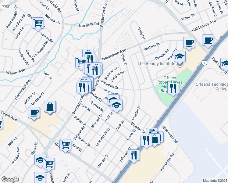 map of restaurants, bars, coffee shops, grocery stores, and more near 1943 Morrell Street in Philadelphia