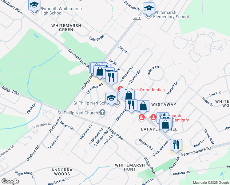 map of restaurants, bars, coffee shops, grocery stores, and more near 454 Germantown Pike in Lafayette Hill