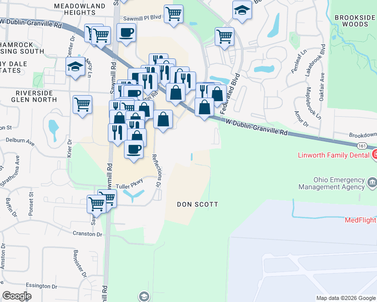map of restaurants, bars, coffee shops, grocery stores, and more near 2525 Brendel Drive in Columbus