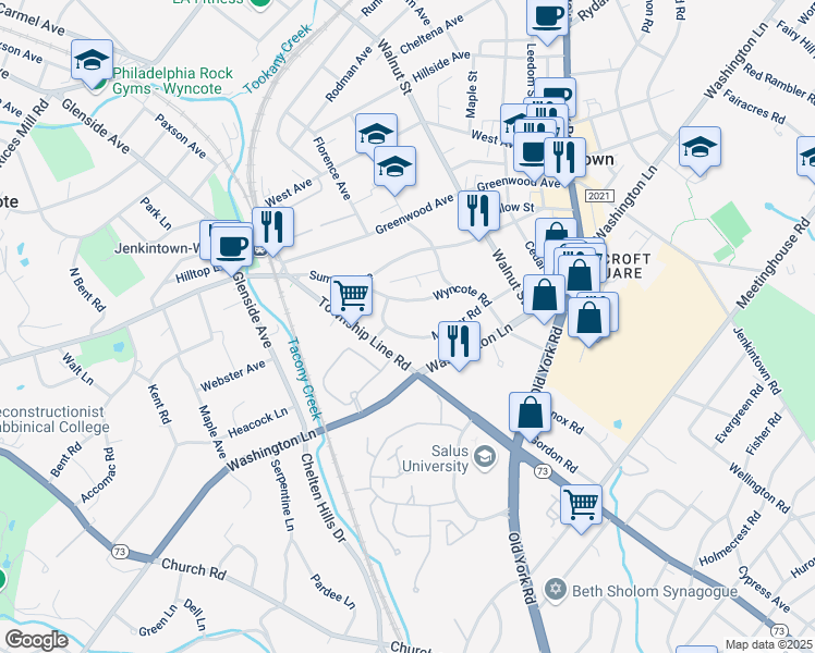map of restaurants, bars, coffee shops, grocery stores, and more near 219 Mather Road in Jenkintown