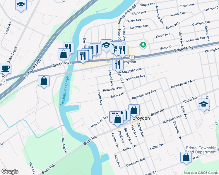 map of restaurants, bars, coffee shops, grocery stores, and more near 535 Princess Avenue in Croydon