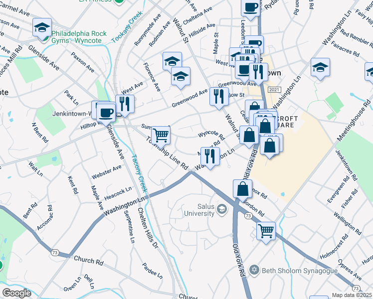 map of restaurants, bars, coffee shops, grocery stores, and more near 217 Mather Road in Jenkintown