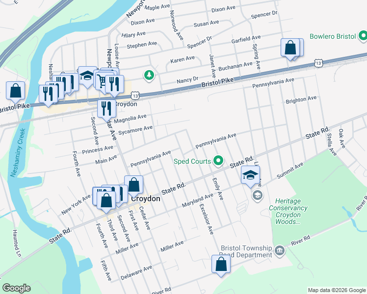 map of restaurants, bars, coffee shops, grocery stores, and more near 1314 Pennsylvania Avenue in Croydon