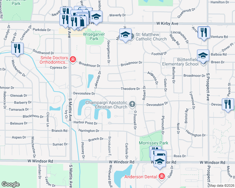 map of restaurants, bars, coffee shops, grocery stores, and more near 1509 Sandpiper Lane in Champaign