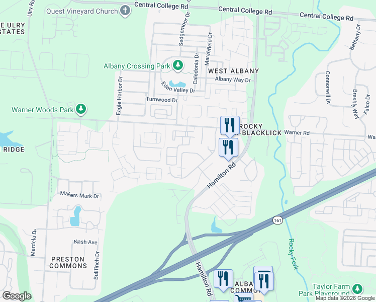 map of restaurants, bars, coffee shops, grocery stores, and more near 6074 Sowerby Lane in Westerville
