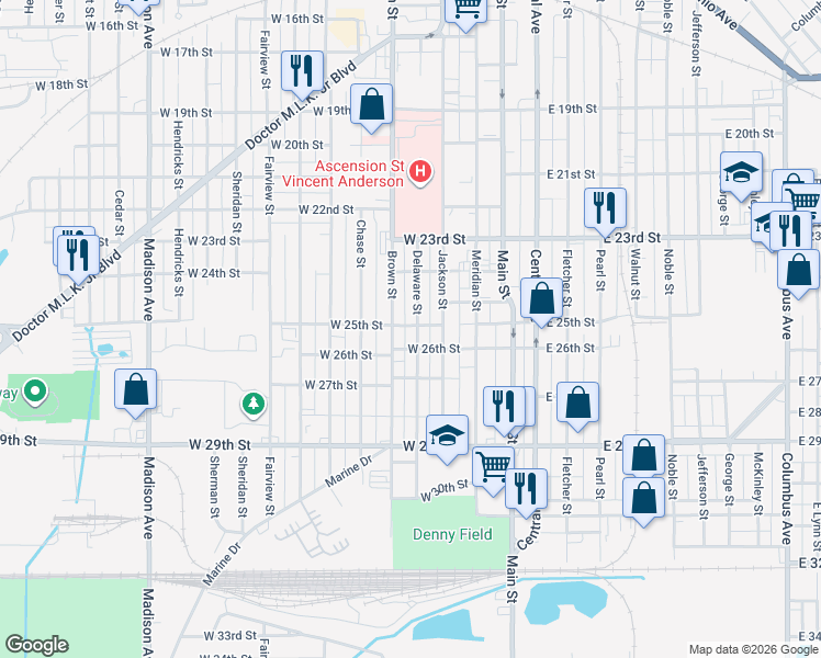 map of restaurants, bars, coffee shops, grocery stores, and more near 2509 Delaware Street in Anderson