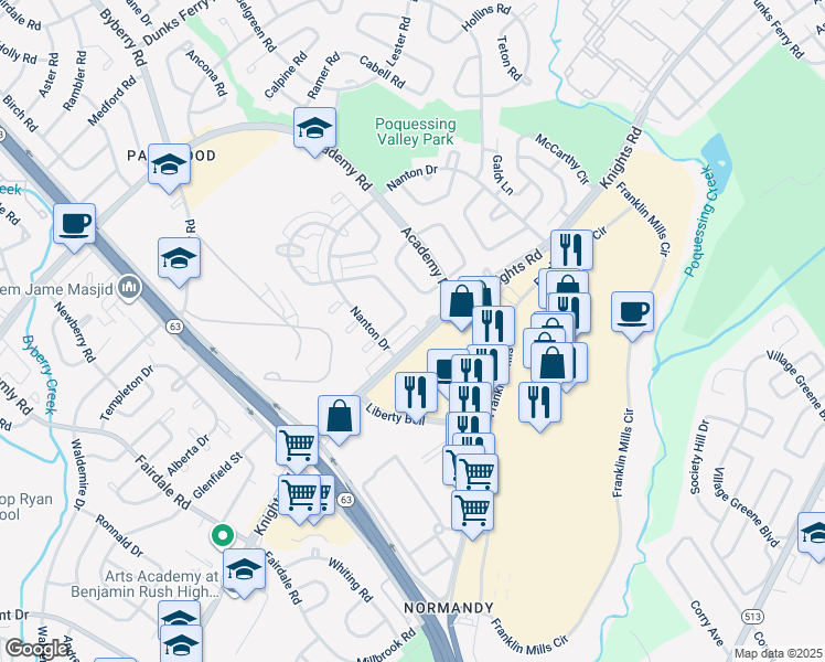 map of restaurants, bars, coffee shops, grocery stores, and more near 12524 Knights Road in Philadelphia