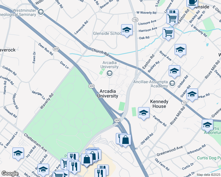 map of restaurants, bars, coffee shops, grocery stores, and more near 450 South Easton Road in Glenside