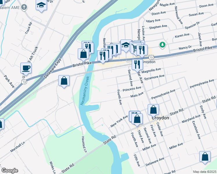 map of restaurants, bars, coffee shops, grocery stores, and more near 434 Sycamore Avenue in Croydon