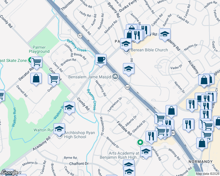 map of restaurants, bars, coffee shops, grocery stores, and more near 12023 Salina Place in Philadelphia