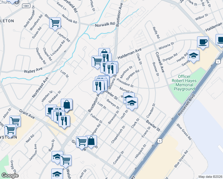 map of restaurants, bars, coffee shops, grocery stores, and more near 1823 Bowler Street in Philadelphia