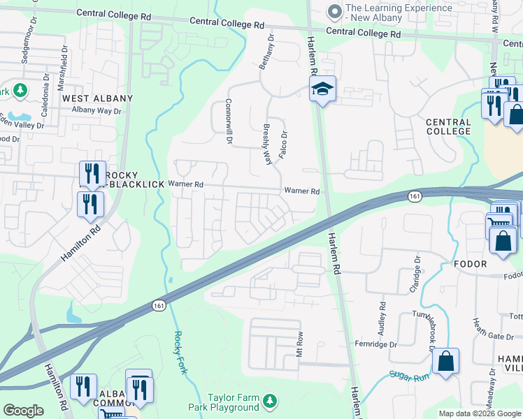 map of restaurants, bars, coffee shops, grocery stores, and more near 5818 Warner Meadows Drive in Westerville