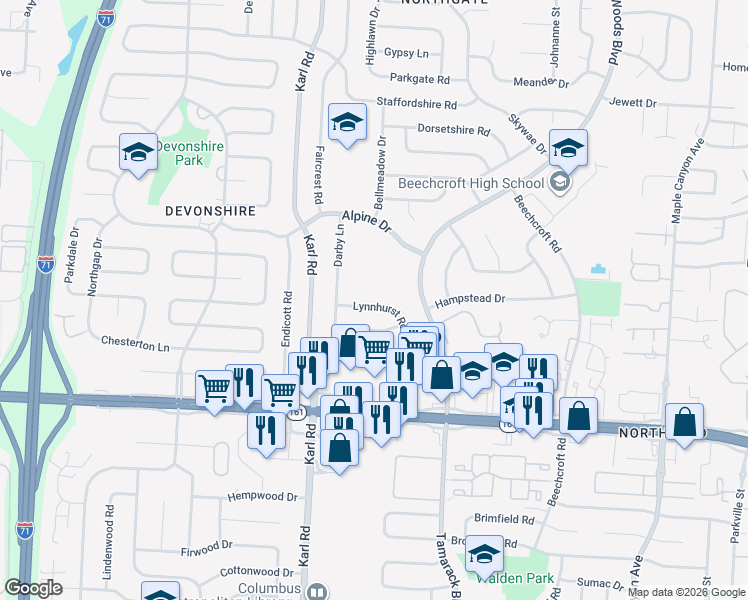 map of restaurants, bars, coffee shops, grocery stores, and more near 1697 Lynnhurst Road in Columbus