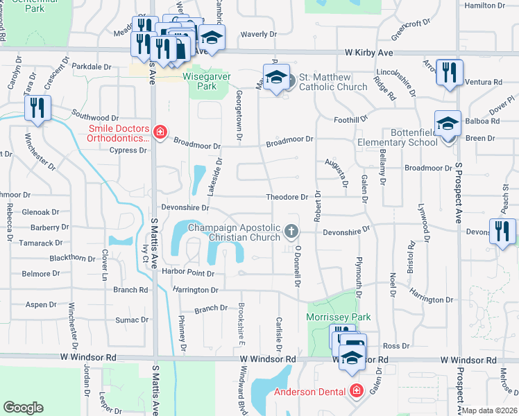 map of restaurants, bars, coffee shops, grocery stores, and more near 1509 Sandpiper Lane in Champaign