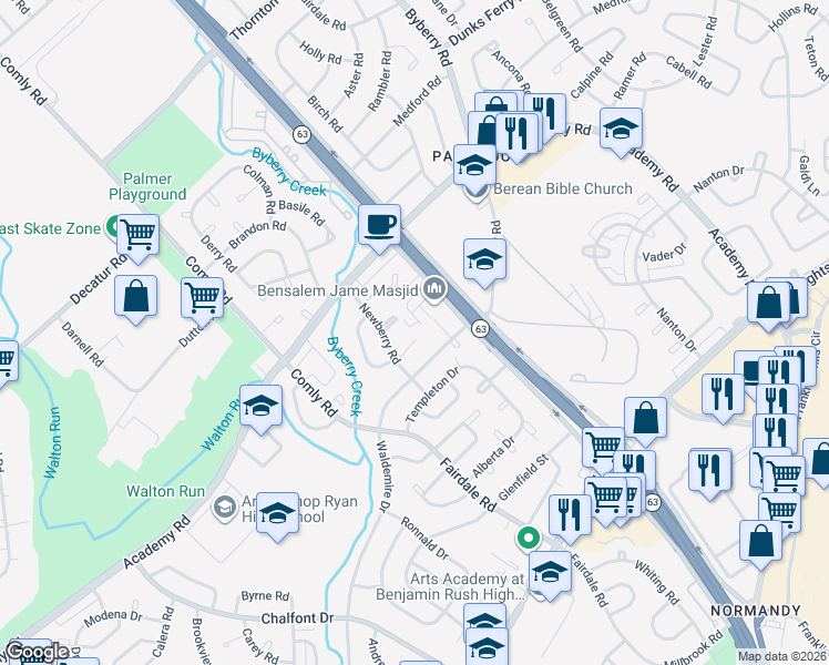 map of restaurants, bars, coffee shops, grocery stores, and more near 12023 Salina Place in Philadelphia