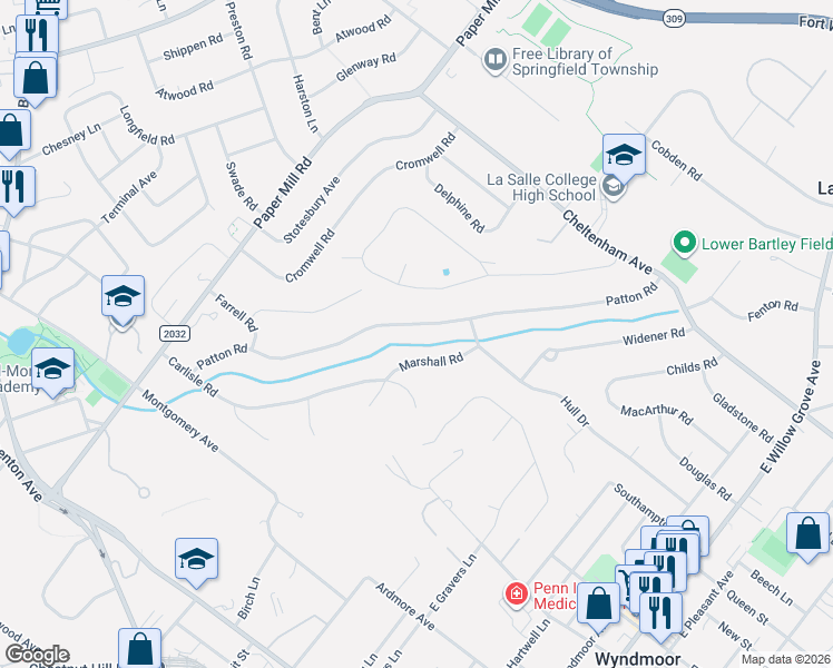 map of restaurants, bars, coffee shops, grocery stores, and more near 8711 Marshall Road in Glenside