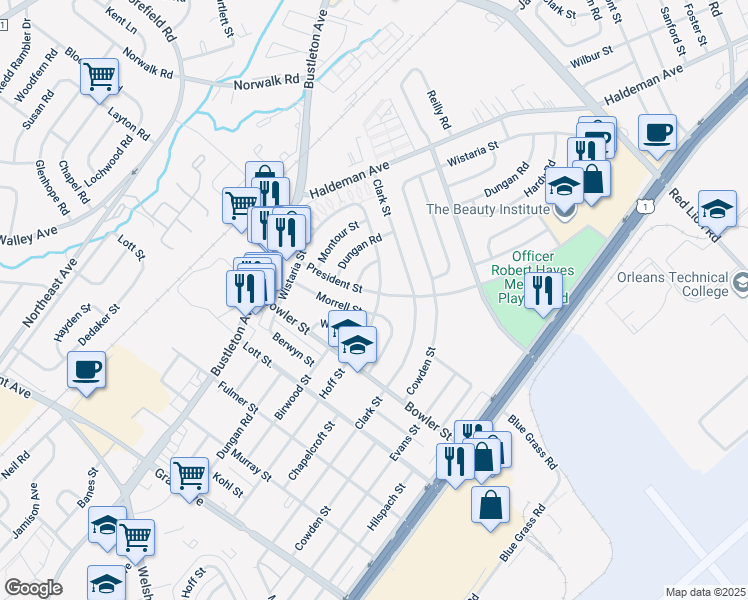 map of restaurants, bars, coffee shops, grocery stores, and more near 1960 President Street in Philadelphia