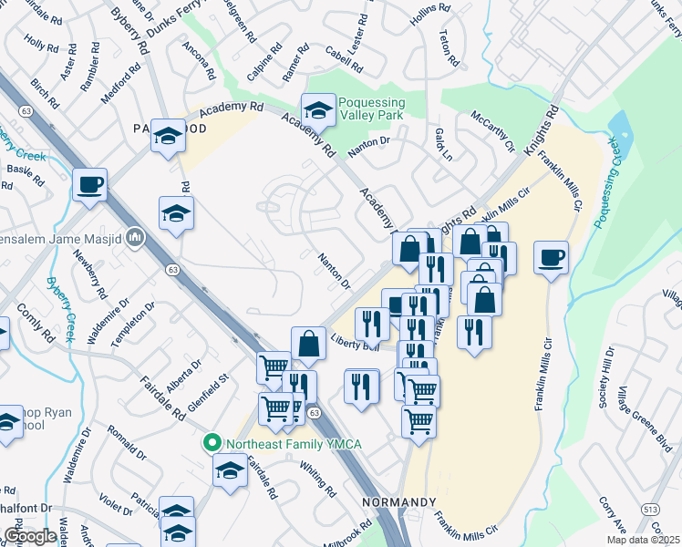 map of restaurants, bars, coffee shops, grocery stores, and more near 12500 Biscayne Drive in Philadelphia