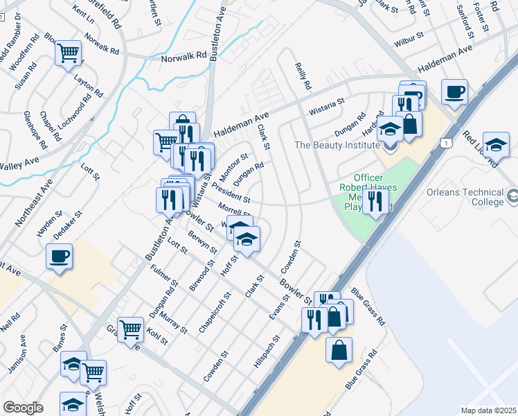 map of restaurants, bars, coffee shops, grocery stores, and more near 1960 President Street in Philadelphia