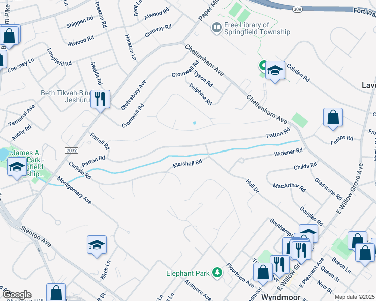 map of restaurants, bars, coffee shops, grocery stores, and more near 8708 Patton Road in Wyndmoor